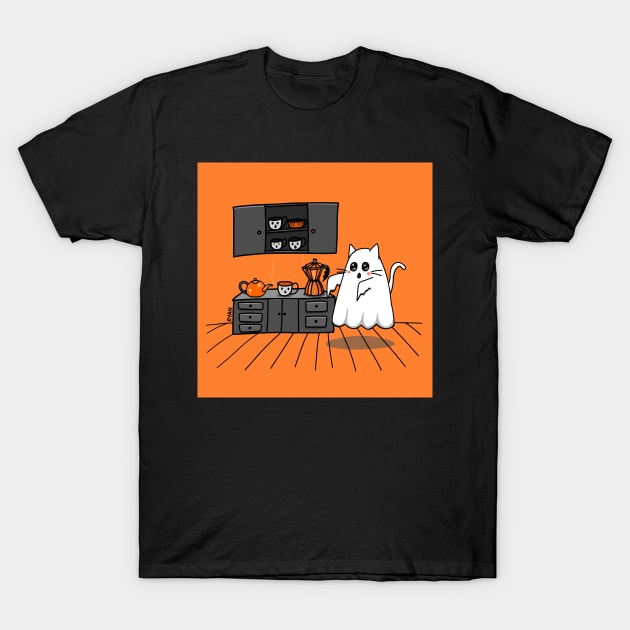 Morning Coffee Ghost Cat T-Shirt by KilkennyCat Art